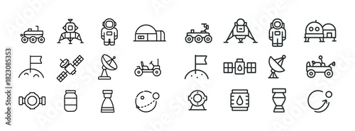 Space exploration icons set: rover, astronaut, lunar module, satellite, telescope