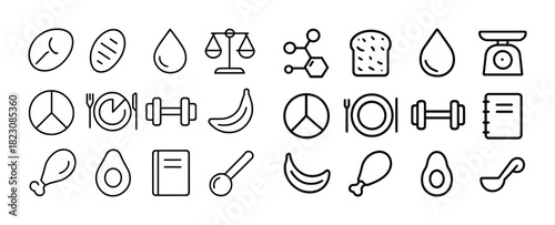 Healthy lifestyle icons: fitness, nutrition, wellness, and balance symbols