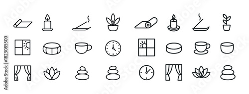 Minimalist line icons of relaxation and wellness: yoga, meditation, plants