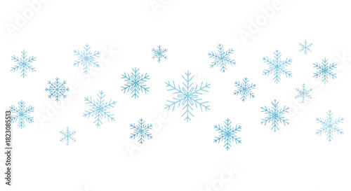 A collection of light blue snowflake illustrations of varying sizes scattered horizontally across a white background. Wintery and simple.