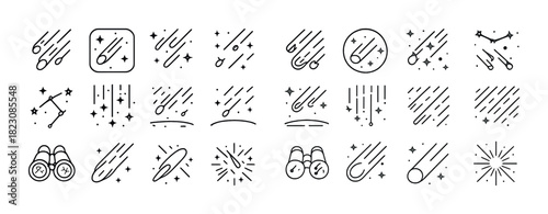 Comet and meteor icon set with constellations and telescopes