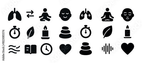 Mindfulness and wellness icons set featuring yoga, meditation, and relaxation symbols