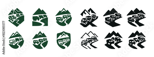Mountain road traffic icons set: nature-inspired vehicle designs