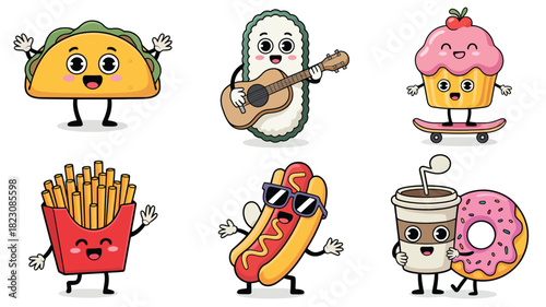 Fun cartoon fast food characters set vector