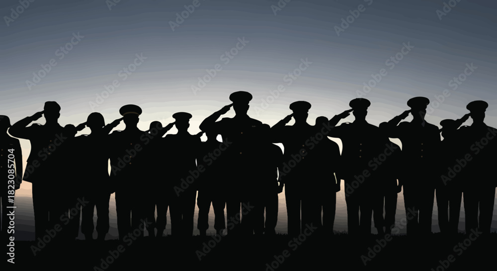 Naklejka premium Silhouette of a line of military personnel in uniform saluting against a dawn or dusk sky. Represents honor, respect, and patriotism.