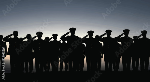 Silhouette of a line of military personnel in uniform saluting against a dawn or dusk sky. Represents honor, respect, and patriotism.