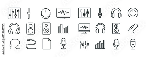 Audio equipment icons: headphones, speakers, microphones, mixers, equalizers