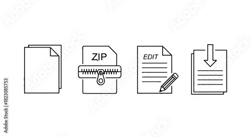 Four file type icons in simple black lines. Includes a blank page, a ZIP file, an editable file, and a download file. Clean, minimalist design.