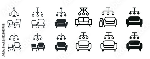 Vector icons of modern home furniture and stylish lighting in black and white