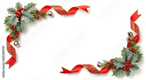 Christmas wreath with holly leaves, red berries, and red ribbons on a white background.