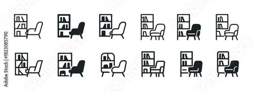 Minimalist bookshelf and chair icons in various arrangements