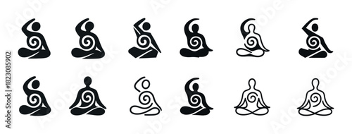 Stylized yoga pose silhouettes set illustrating meditation and relaxation
