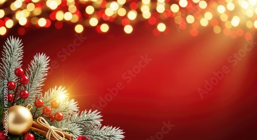 Christmas tree branches with red berries and golden ornaments against a red background with festive lights.