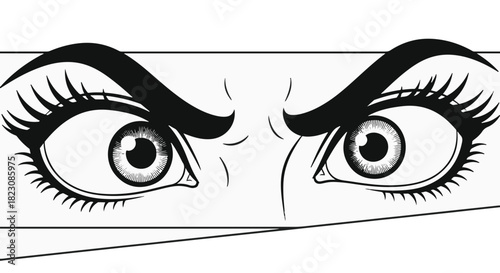 Close-up of expressive, angry eyes. Bold eyebrows, long lashes. Black and white graphic style, suggesting intensity and disapproval.