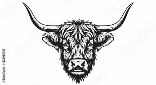 A detailed, monochrome vector illustration of a Highland cow's head, featuring prominent horns and shaggy fur. Striking and graphic.