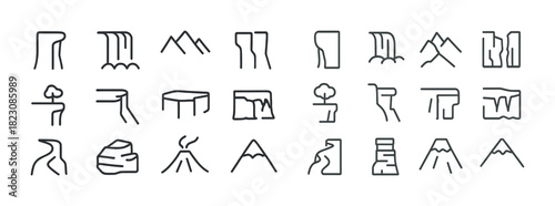 Minimalist landscape icons: mountains, waterfalls, trees, volcanoes