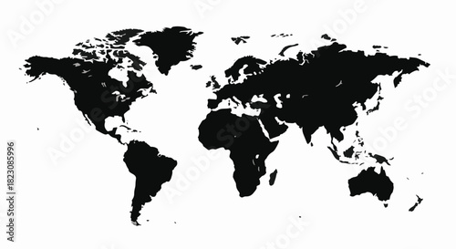 Silhouette of the world map, showing continents in black against a white background. A simple, graphic representation of the earth's landmasses.