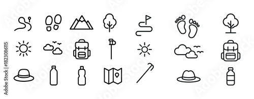 Outdoor adventure icons: hiking, camping, nature, travel, exploration