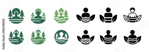 Set of nature-inspired human and leaf logos in green and black