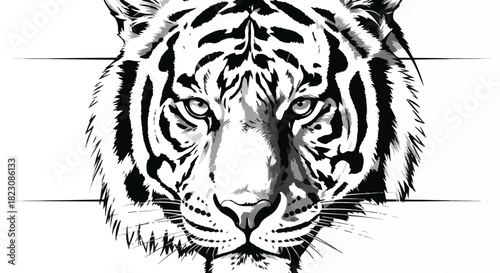 Striking black and white illustration of a tiger's face, focusing on its intense gaze and distinctive stripes. Detailed and captivating!