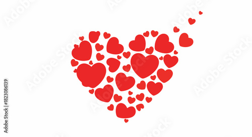 Red hearts forming a larger heart shape. Smaller hearts trail upwards and to the right, creating a whimsical, loving design.