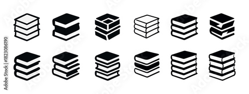 Set of twelve geometric book stack icons in black and white