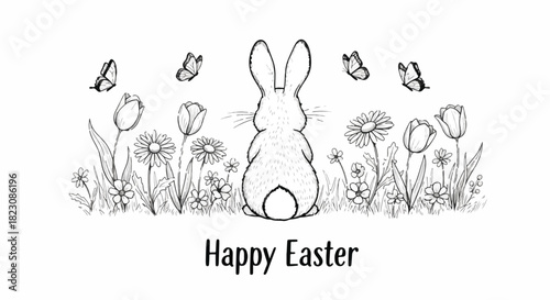 Line art image of a bunny facing away surrounded by flowers and butterflies, above Happy Easter. Black and white, simple illustration style.
