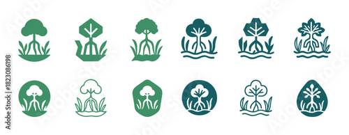 Set of 12 nature-inspired geometric tree and water icons