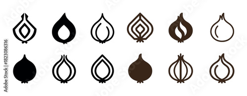 Set of minimalist onion logos with various outline and silhouette designs