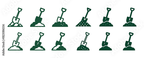 Green shovel icon set in various positions for gardening and construction