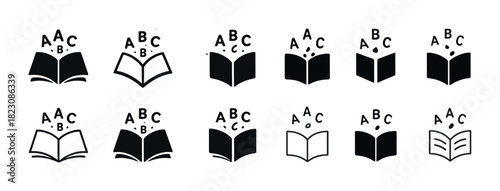 Set of book and alphabet icon variations in black and white