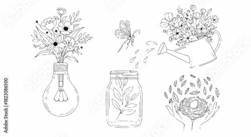Black and white line art featuring nature-themed elements: flowers in a lightbulb/watering can, a dragonfly, leaves in a jar, and a nest held in hands.