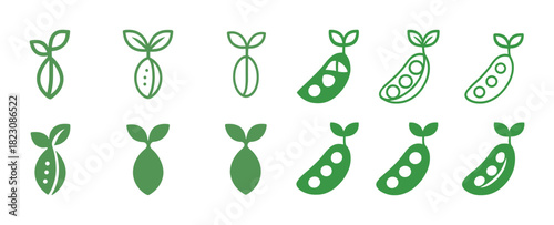 Simple green pea and seedling icons in various styles