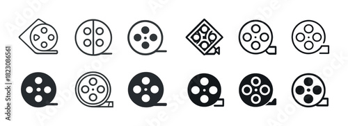 Variety of film reel icons: black and white cinematic symbols