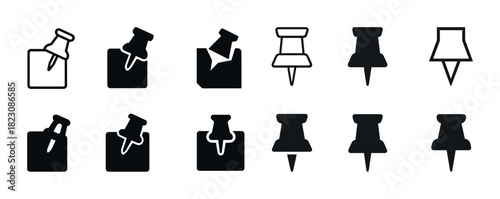 Collection of various black and white pushpin icon designs in different styles