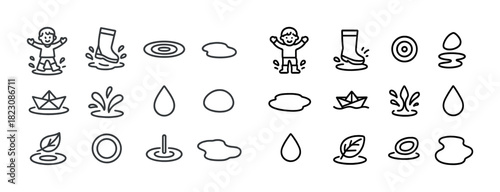 Playful child icons: puddle jumping, paper boats, raindrops, leaves