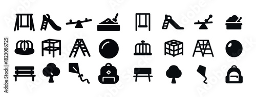 Playground equipment icons: swings, slides, sandbox, bench, trees, backpack