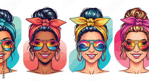 Four cartoon women smiling, wearing sunglasses reflecting beach scenes & headbands. Colorful, stylized illustration. Summer vibe.