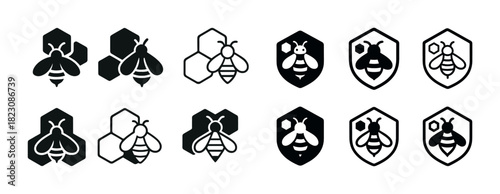 Collection of honey bee icons in various styles and shield designs
