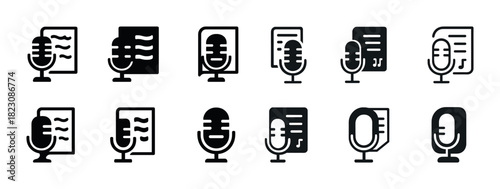 Set of black microphone and sheet music icons in various styles