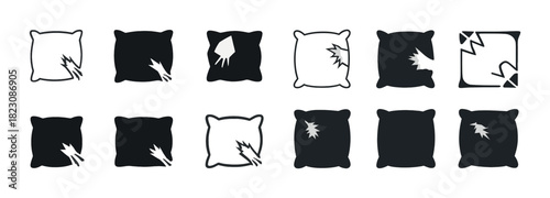 Pillow icons with tears and damage in black and white silhouettes