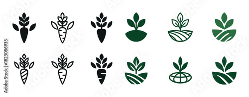 Set of carrot and plant icons in black and green illustrating agriculture theme