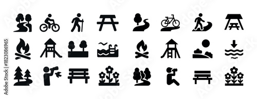 Outdoor recreation icons: biking, hiking, camping, picnicking, swimming