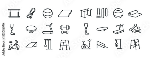 Fitness equipment line icons set: dumbbells, treadmills, exercise balls, yoga mats, bikes