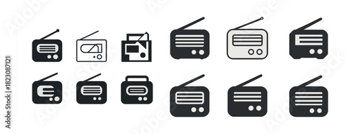 Collection of retro radio icons in black and white styles