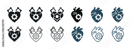 Cogwheel hearts: mechanical heart icons in black, blue, and white variations