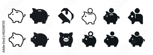 Various piggy bank icons: simple silhouettes and designs in black and white