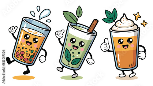 Cheerful bubble tea matcha coffee beverages