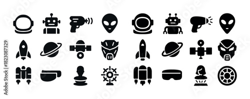 Space exploration icons: aliens, rockets, astronauts, and technology silhouettes