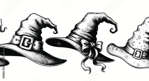 Monochrome row of witch hats. The hats have unique designs, including buckles, bows, and celestial patterns.